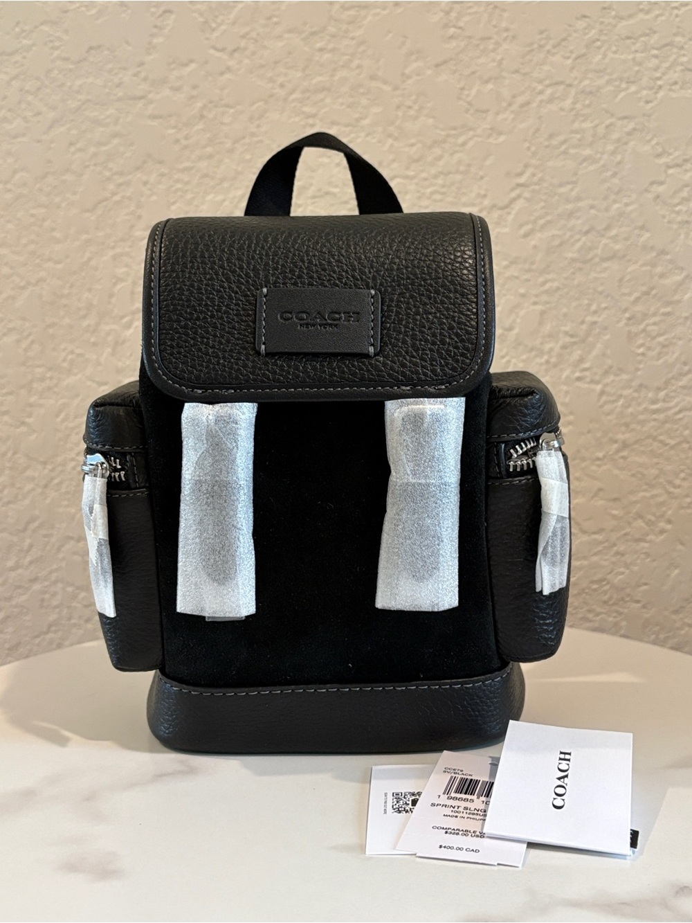 Coach Black Pebbled Leather & Suede Sling Bag with Silver Hardware NWT
